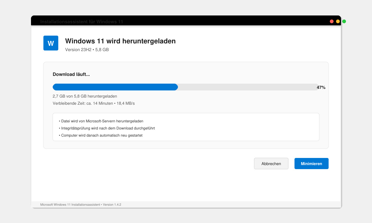 Installationsassistent-Fenster während des Windows-11-Update-Downloads mit Fortschrittsanzeige