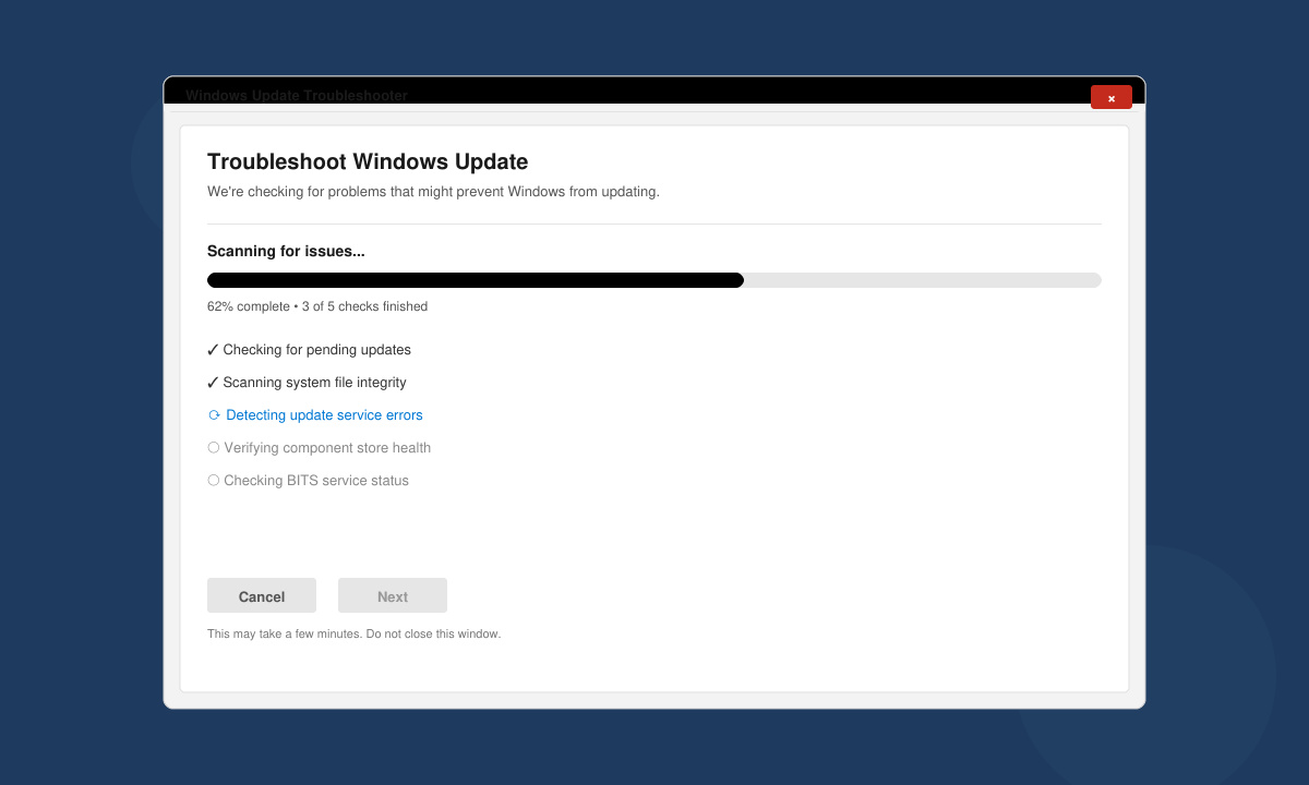 Windows Update troubleshooter window actively scanning for problems on a Windows 11 desktop