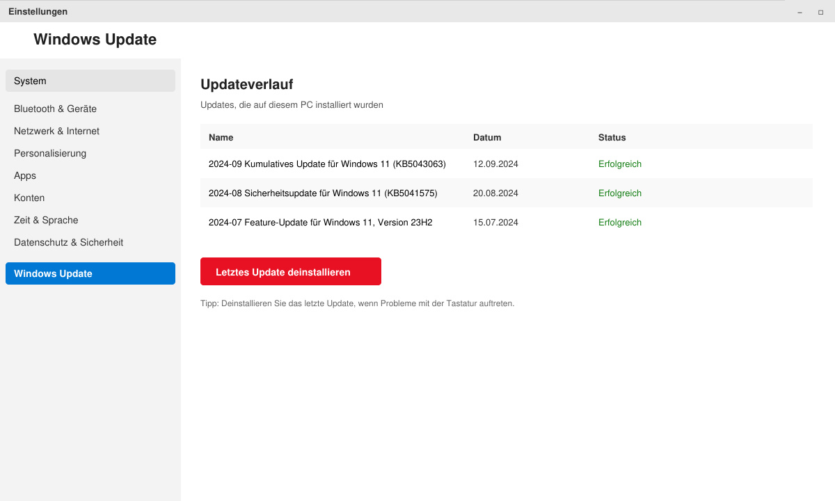 Windows Update Verlauf mit Deinstallationsoption
