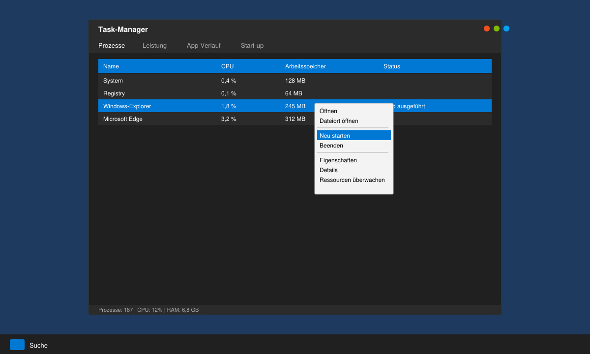 Task-Manager-Fenster mit markiertem Windows-Explorer-Prozess und Kontextmenü zum Neustart