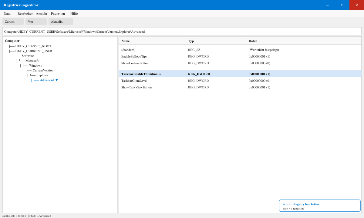 Registrierungseditor mit geöffnetem Pfad zu Advanced und hervorgehobenem TaskbarEnableThumbnails-Eintrag