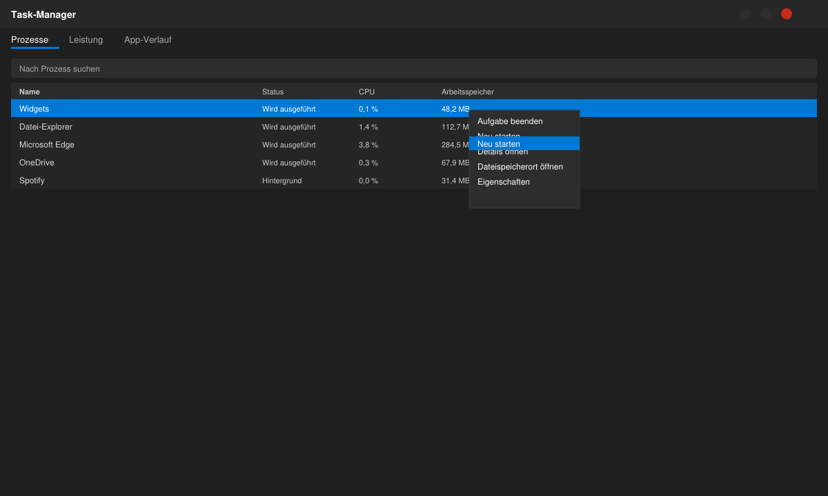Task-Manager mit markiertem Widgets-Prozess