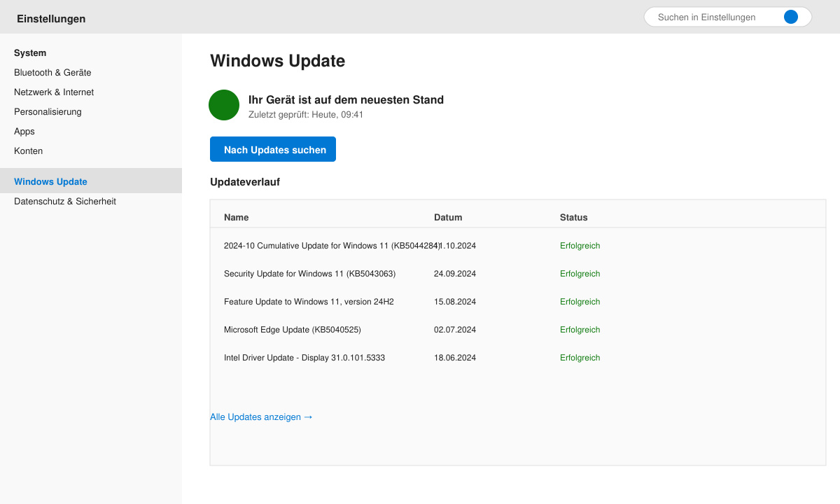 Windows Update-Fenster mit installierten Updates