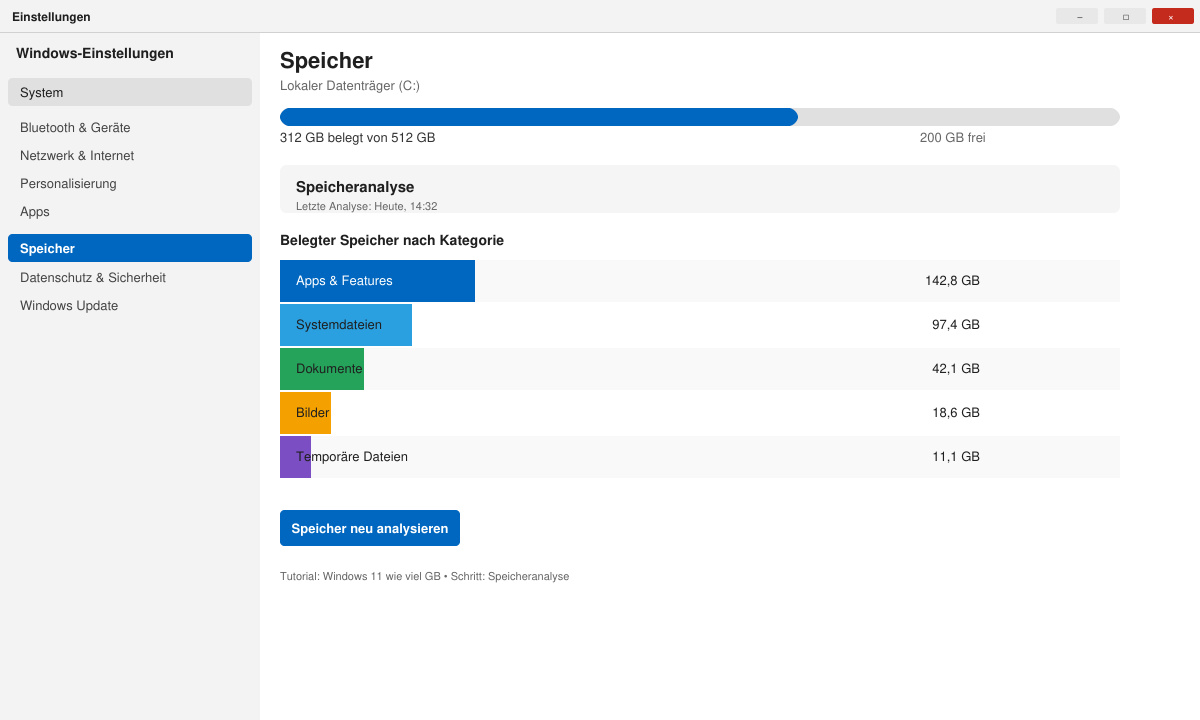 Ansicht der Speicheranalyse in den Windows 11 Einstellungen