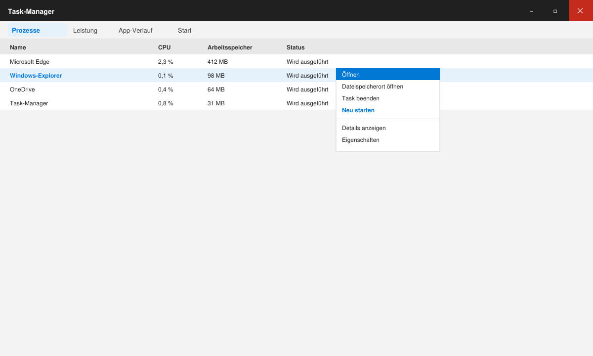 Task-Manager mit Windows Explorer Prozess zum Neustarten