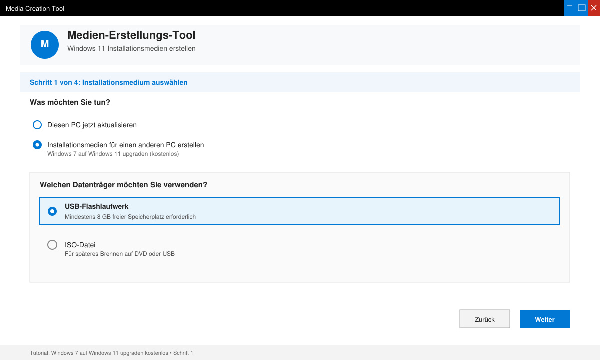 Screenshot des Media Creation Tools mit ausgewählter USB-Option