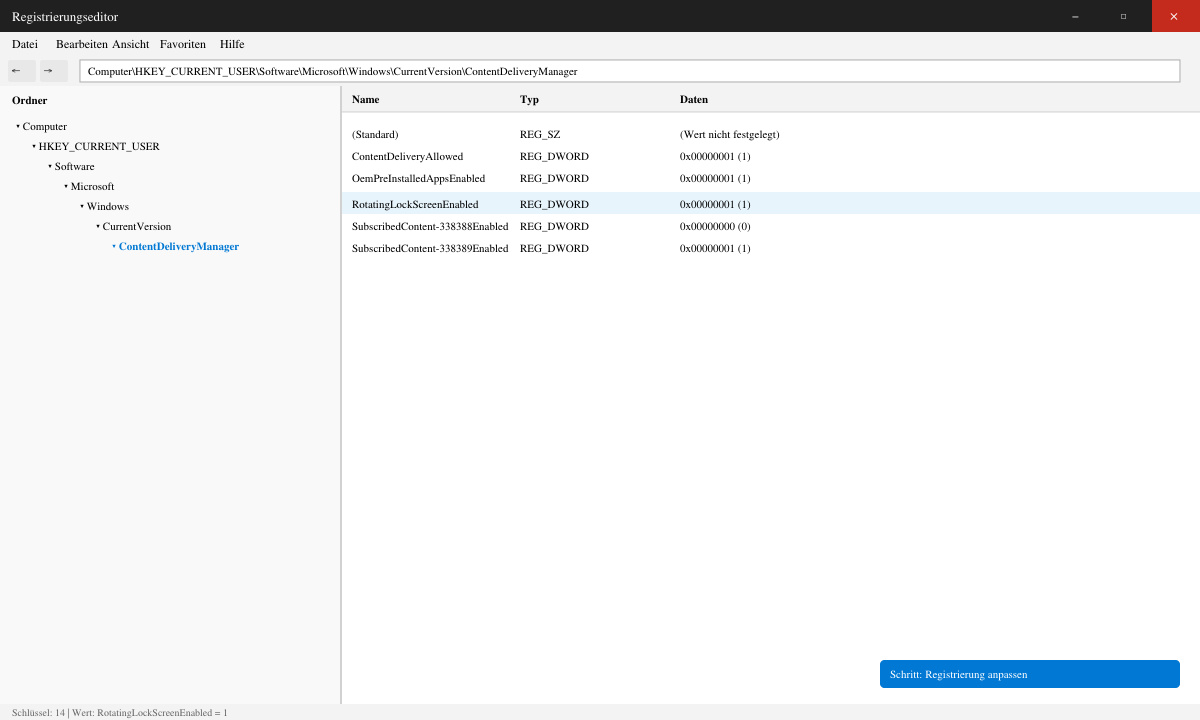 Registrierungseintrag für Windows Blickpunkt anpassen