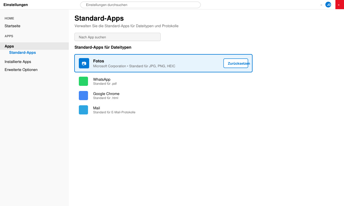 Bildschirm der Windows-Einstellungen mit geöffnetem Bereich Standard-Apps und markierter Fotos-App