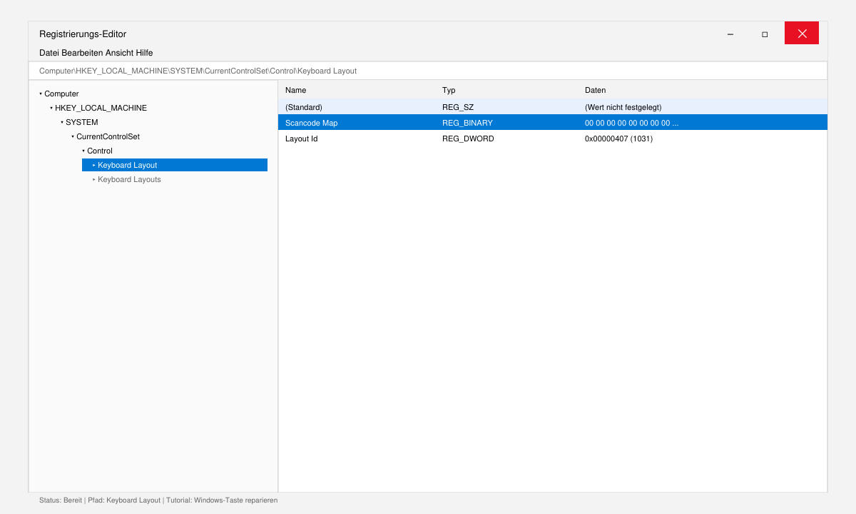 Registry-Editor in Windows 11 mit hervorgehobenem Keyboard Layout Schlüssel