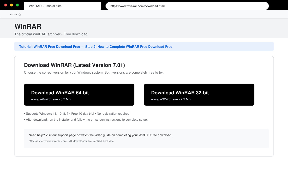 Browser window displaying the official WinRAR download page with architecture selection buttons highlighted