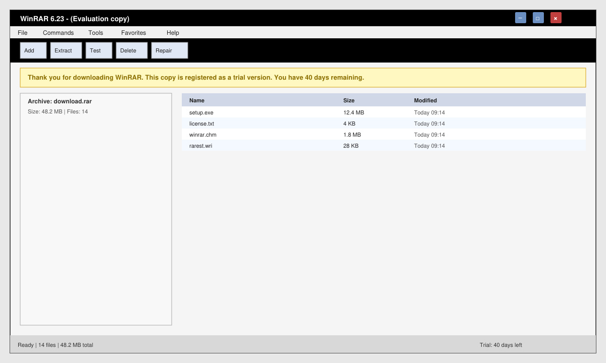 WinRAR main window after installation showing the trial status message and archive creation dialog
