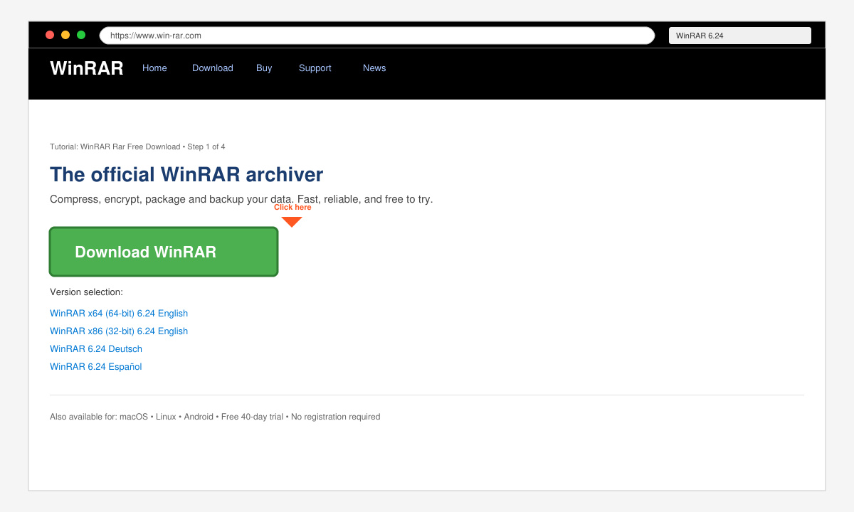 Screenshot of the official win-rar.com download page with the correct button highlighted