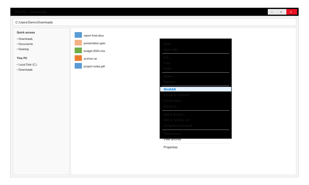 Windows context menu showing WinRAR extract options after successful installation