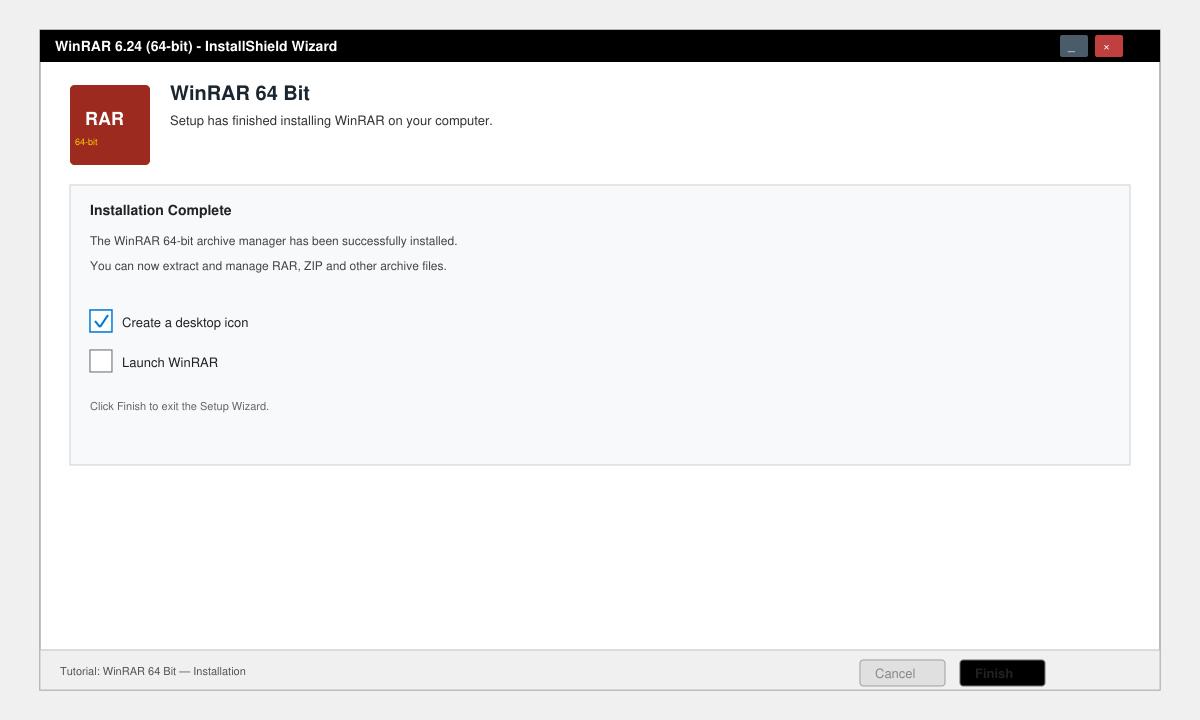 WinRAR 64 Bit installation complete screen