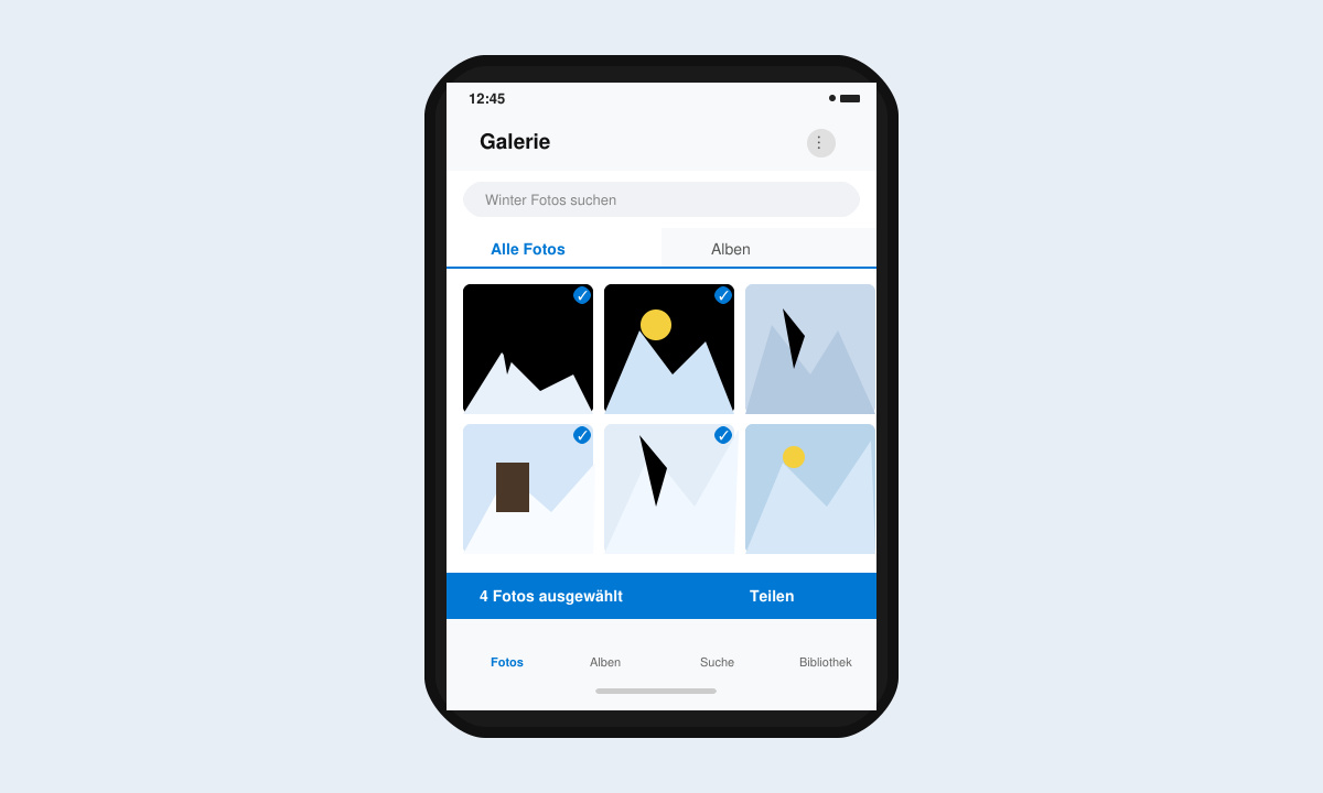Smartphone-Bildschirm mit geöffneter Galerie und ausgewählten winterlichen Fotos