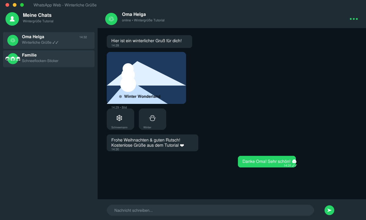 WhatsApp-Chat-Fenster mit fertigem winterlichen Gruß inklusive Bild, Text und Stickern