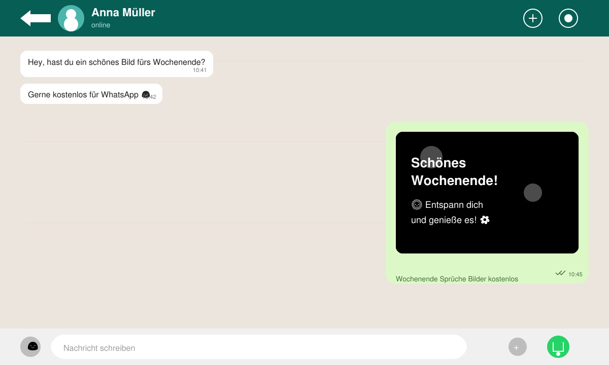 WhatsApp-Chat-Fenster mit versendetem Wochenende-Spruch-Bild