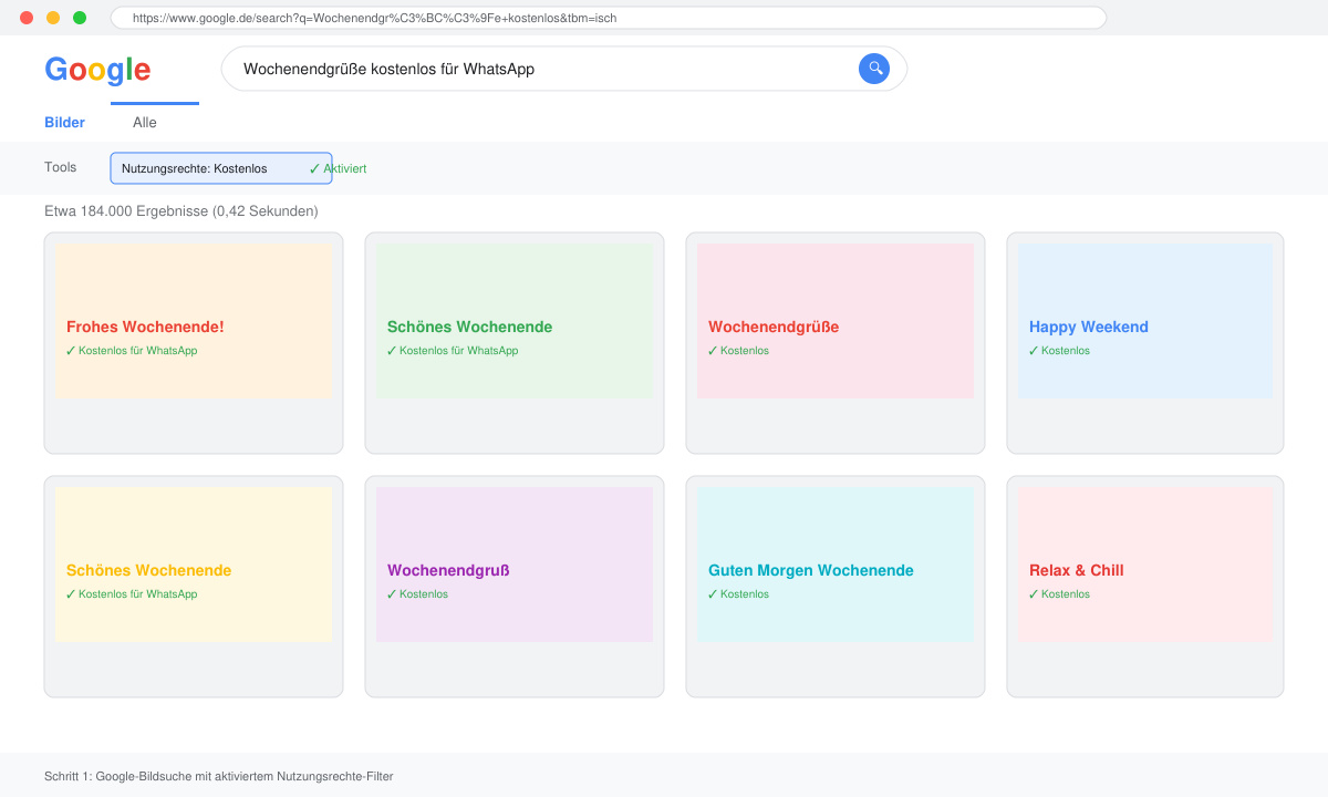 Google-Bildsuche mit Filter für kostenlose Wochenendgrüße