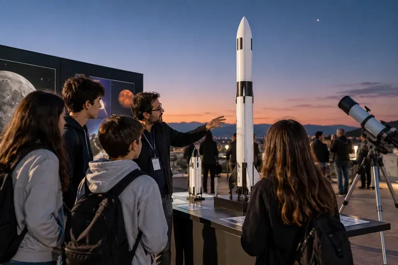 Studenti e visitatori osservano modelli di razzi durante un evento scientifico serale, con un telescopio puntato verso il cielo