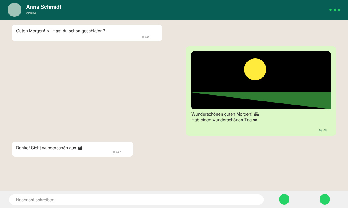 WhatsApp-Chat mit versendetem schönen Morgengruß und Sonnenaufgang-Bild