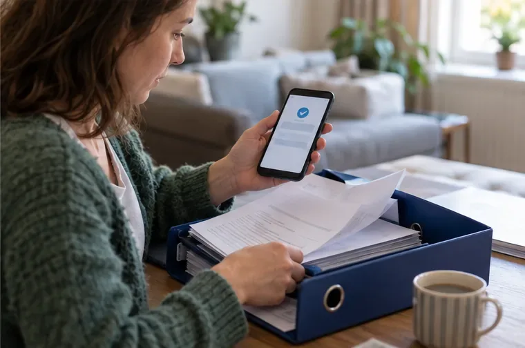 Een vrouw bekijkt een melding op haar telefoon terwijl zij papieren ordent in een dossiermap.
