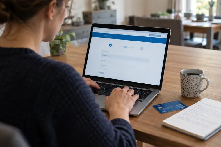 Een werkzoekende vult achter een laptop een digitaal aanvraagformulier in en heeft een bankpas en papieren naast zich liggen.