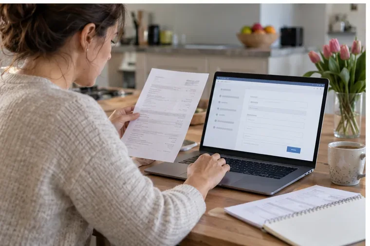 Een vrouw vergelijkt een loonstrook met een algemeen online formulier op haar laptop