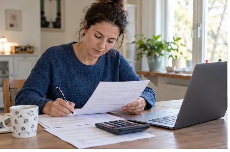 Een vrouw leest een tijdelijk arbeidscontract aan een tafel met een laptop, documenten en een rekenmachine