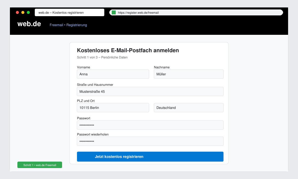 Browserfenster mit ausgefülltem Registrierungsformular bei web.de