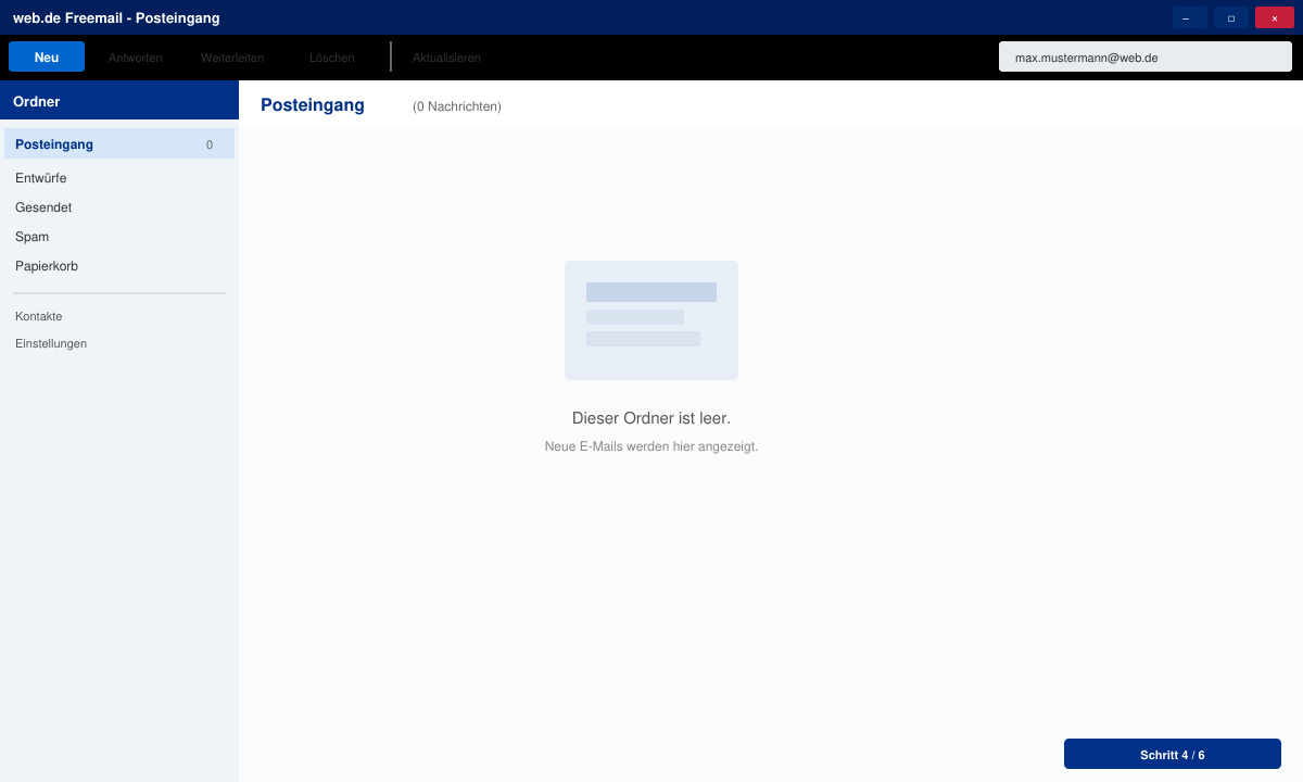 Posteingang eines frisch erstellten web.de Freemail-Kontos mit leerem Ordner