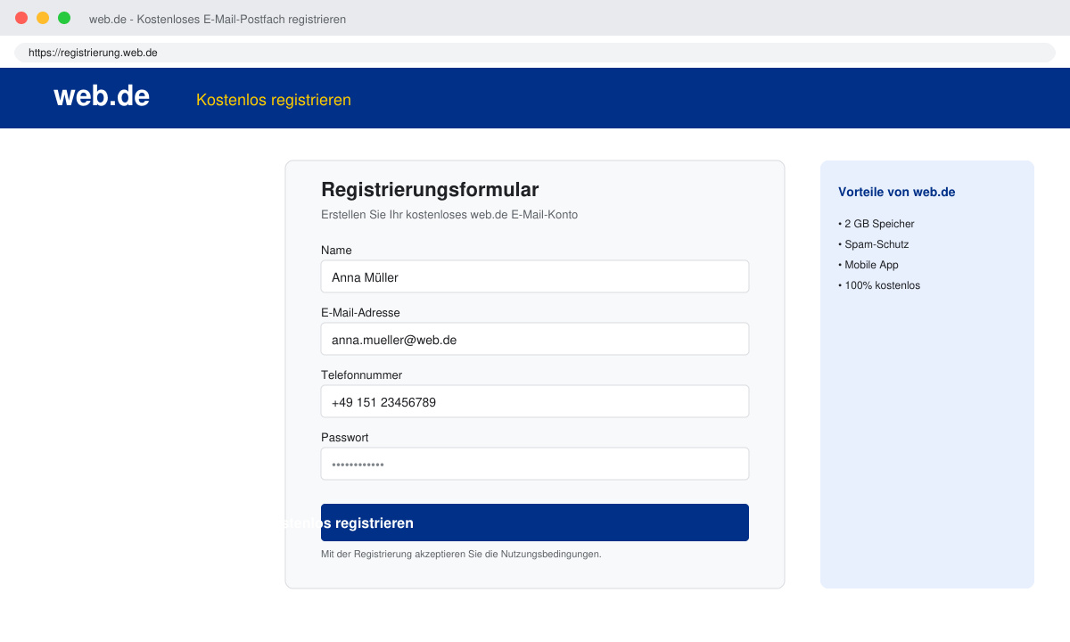 Registrierungsformular auf web.de