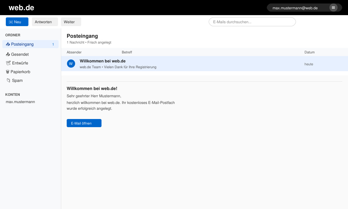 Erfolgreich angelegter web.de Posteingang
