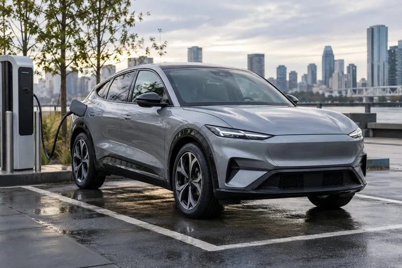 A silver electric SUV-coupe plugged into a public charger beside an urban skyline.