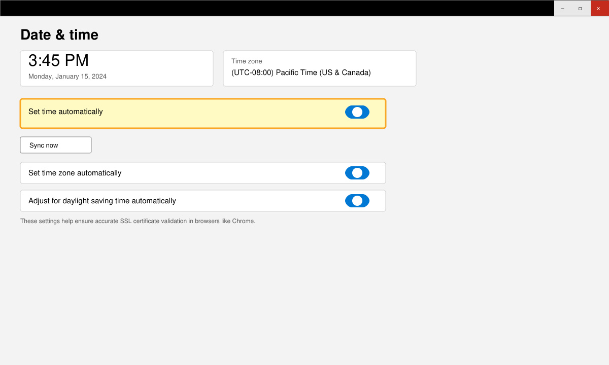 Windows Date & time settings panel with automatic time toggle highlighted