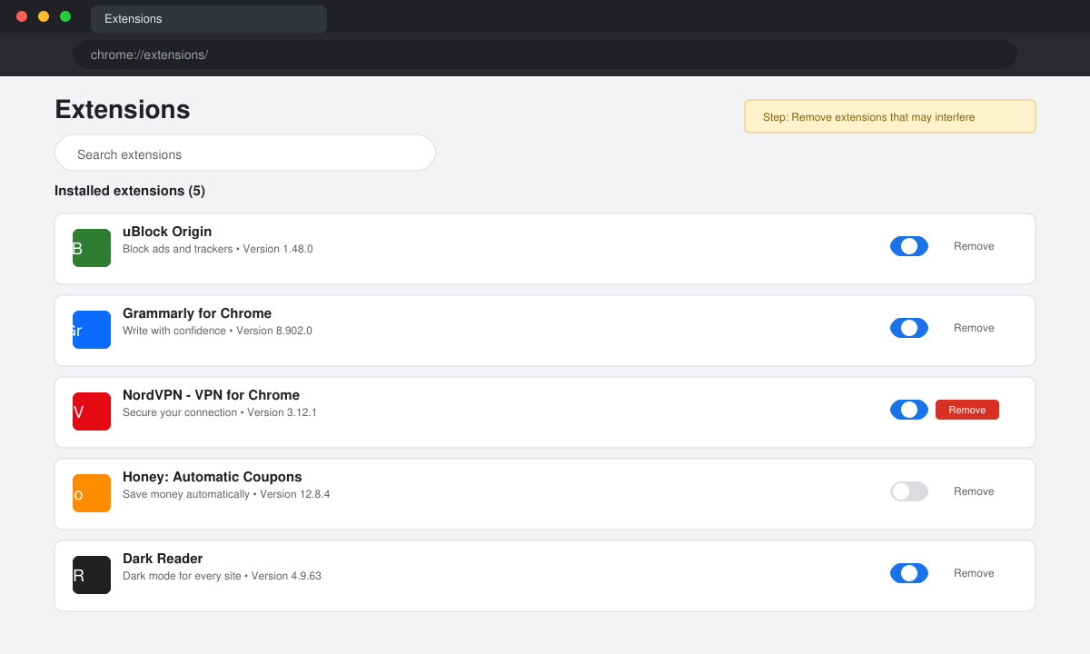 Chrome extensions page showing several extensions with toggle switches