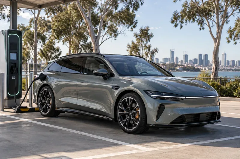 A low-slung electric wagon connected to a public fast charger in an Australian-style waterfront setting