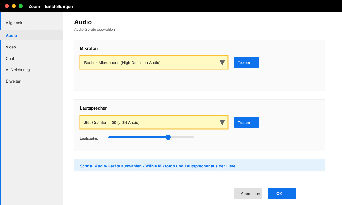 Zoom Audio-Einstellungsfenster mit hervorgehobener Geräteauswahl