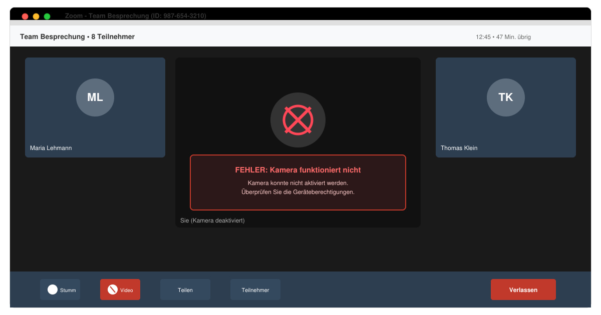 Zoom kamera funktioniert nicht
