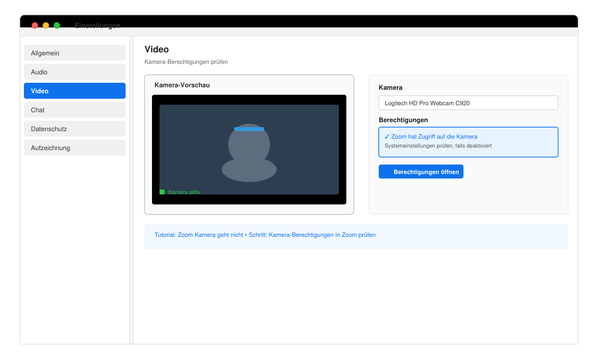 Zoom-Einstellungsfenster mit hervorgehobener Video-Registerkarte und Kamera-Vorschau