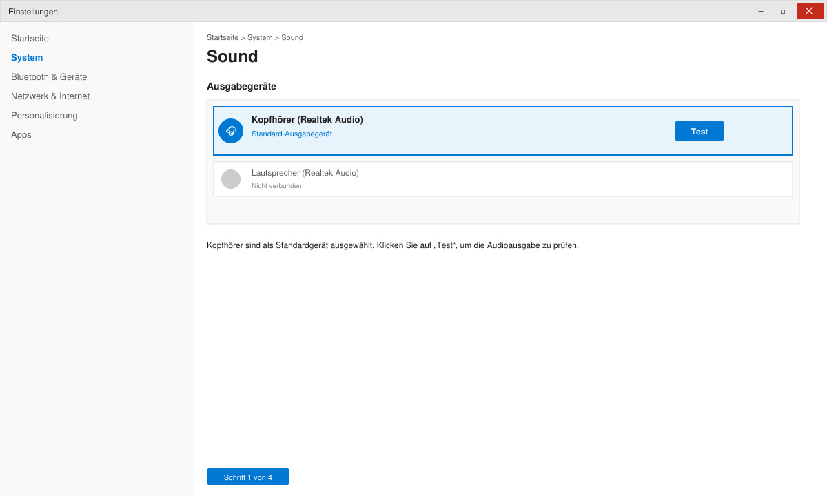 Windows-Sound-Einstellungen mit ausgewählten Kopfhörern als Standardgerät