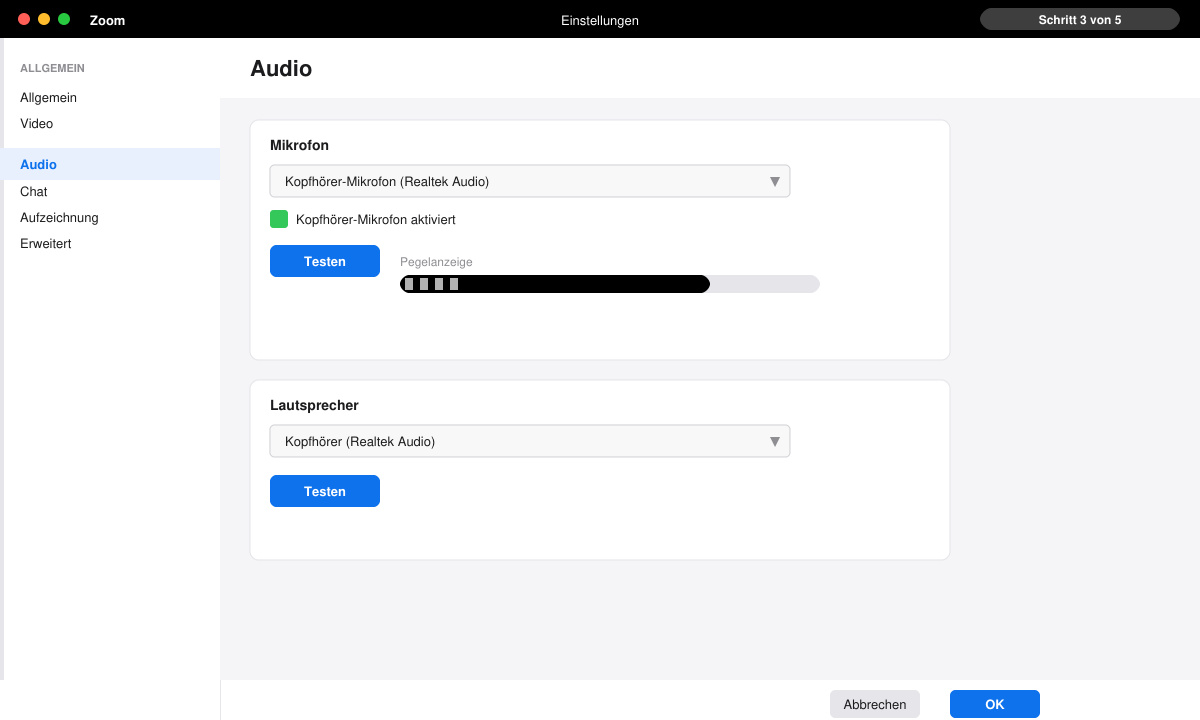 Zoom-Audio-Test mit aktiviertem Kopfhörer-Mikrofon