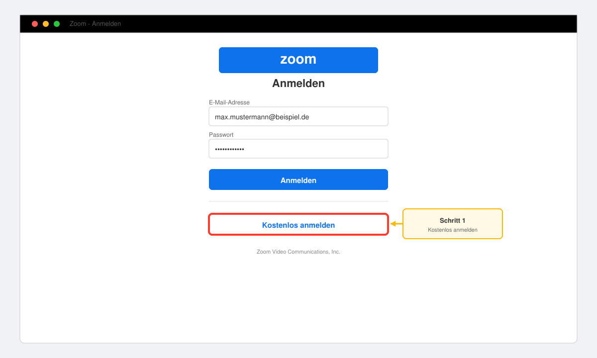 Screenshot des Zoom-Anmeldebildschirms mit hervorgehobener Schaltfläche „Kostenlos anmelden“