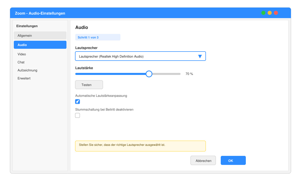 Zoom Audio-Einstellungen mit geöffneter Lautsprecher-Dropdown-Liste und Test-Button