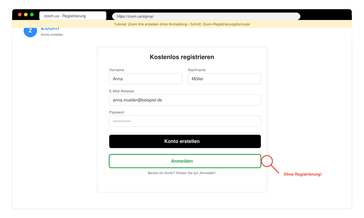 Bildschirm mit Zoom-Registrierungsformular und markiertem Anmelde-Button
