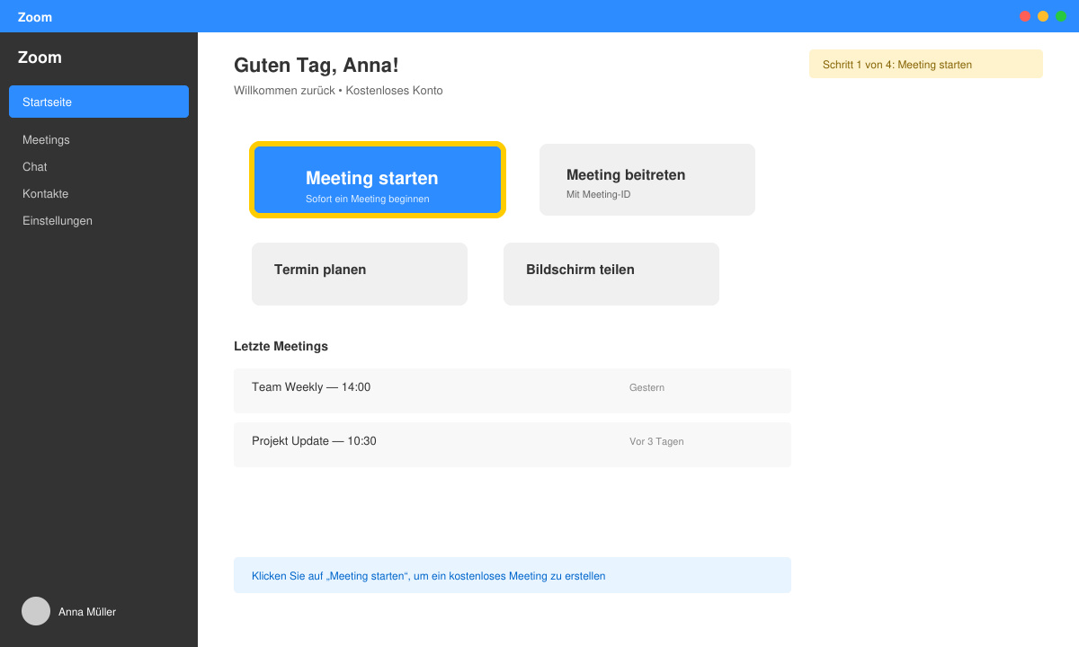 Zoom-Dashboard mit hervorgehobenem Button „Meeting starten“