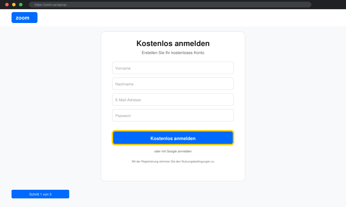 Screenshot der Zoom-Registrierungsseite mit hervorgehobener Schaltfläche „Kostenlos anmelden“