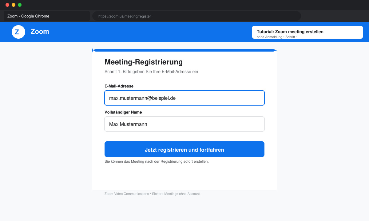 Bildschirm mit dem Zoom-Registrierungsformular und E-Mail-Eingabefeld