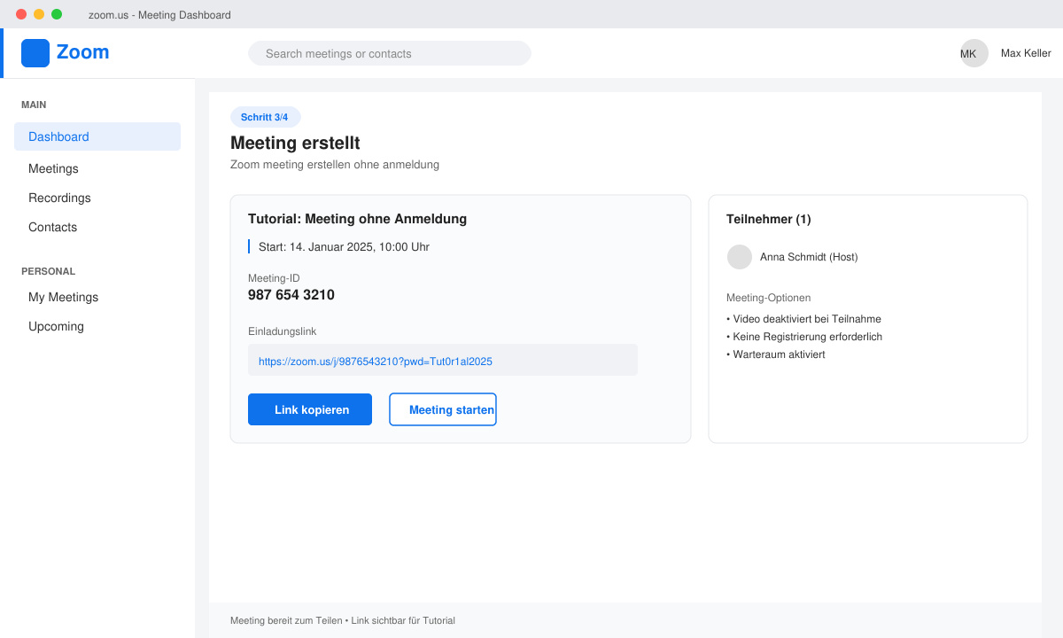 Zoom-Dashboard mit sichtbarem Einladungslink und Meeting-Details