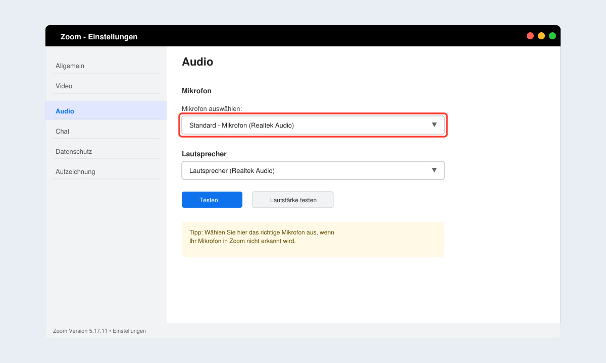 Zoom Audio-Einstellungsfenster mit hervorgehobenem Mikrofon-Dropdown-Menü