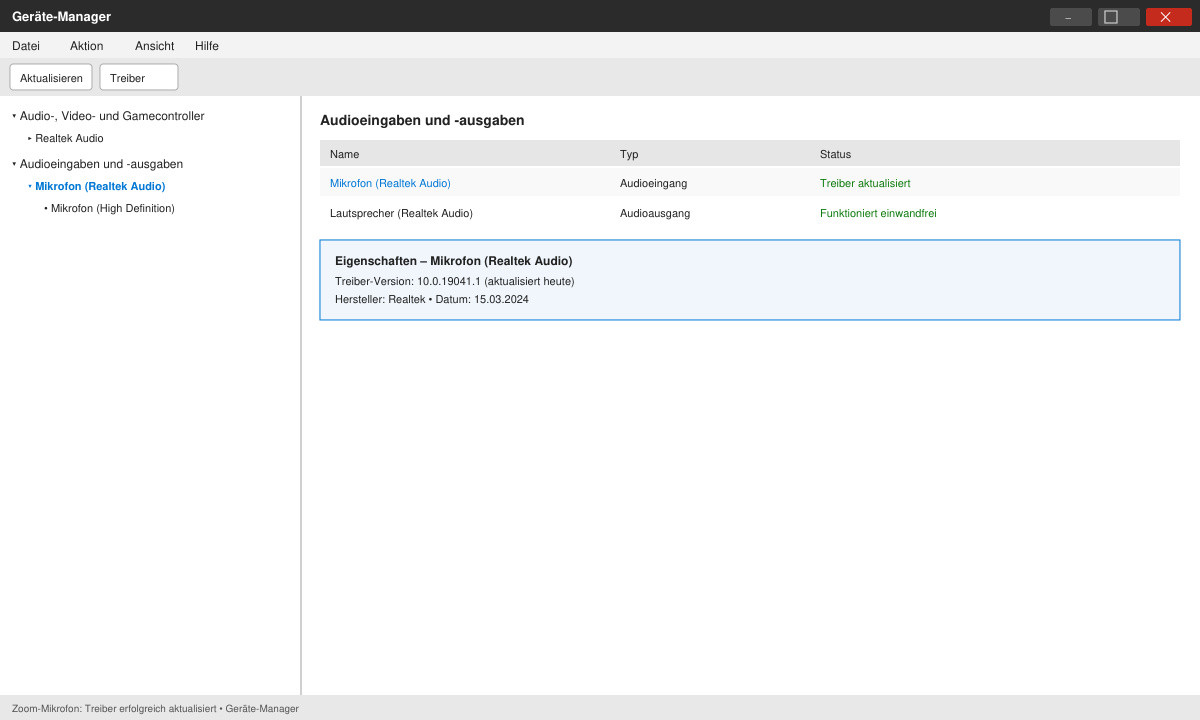 Windows Geräte-Manager mit aktualisiertem Mikrofontreiber
